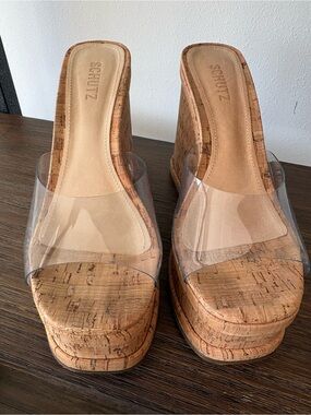 SCHUTZ Clear Strap Cork Platform Wedge Sandals - Natural